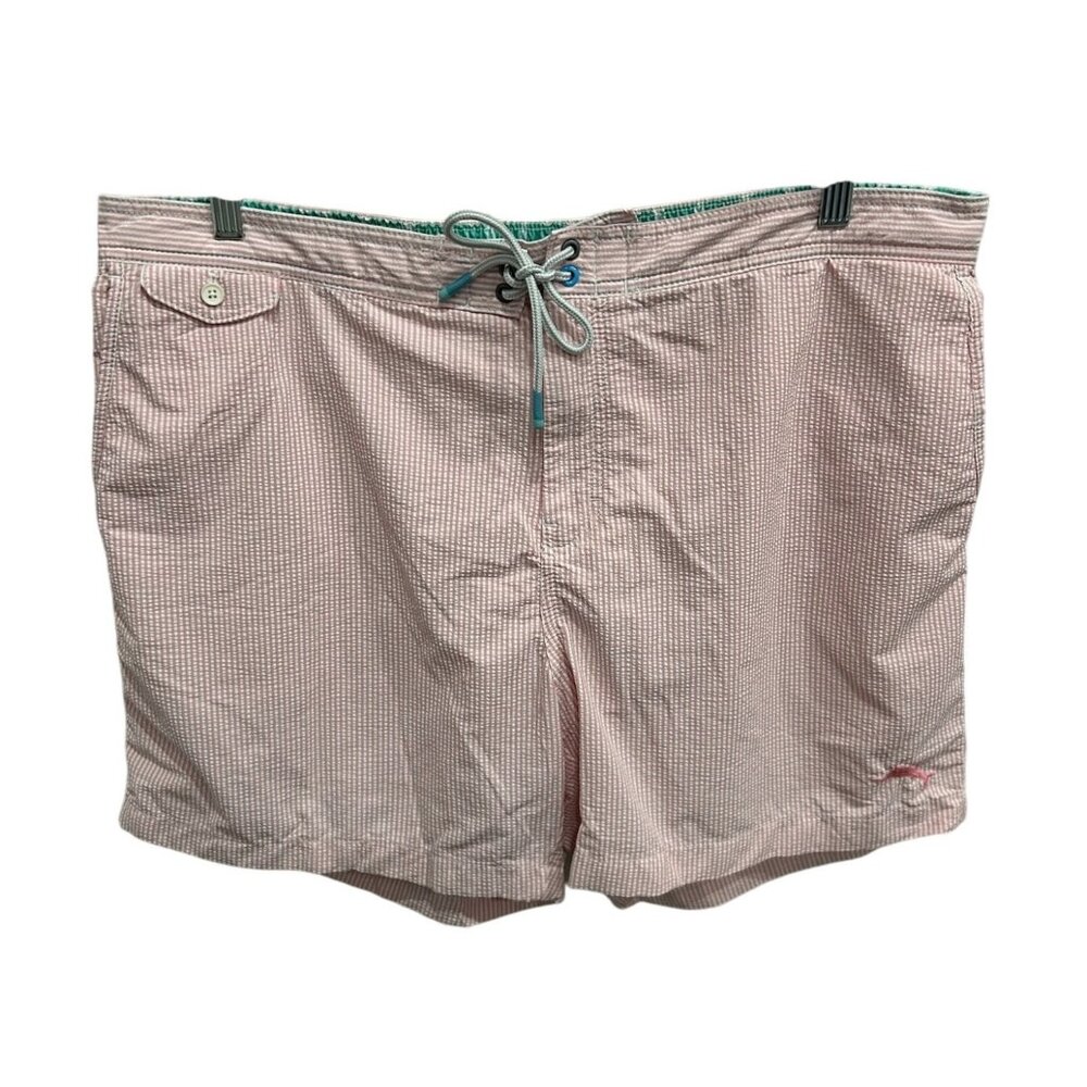 Tommy Bahama Pink White Striped Seersucker Mens Swim Shorts Sz XXL